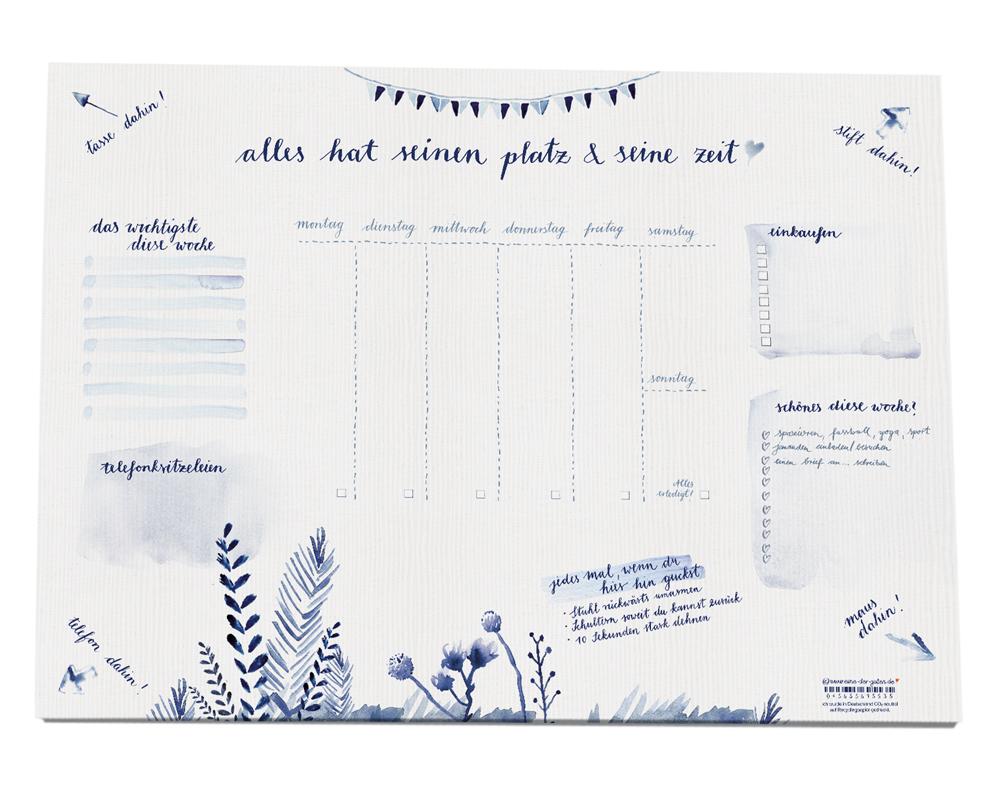 schreibtischunterlage,unterlage,notizblock,notizen,wochenplaner,terminplaner,merkzettel,blau,tusche,aquarell,batik,indigo
