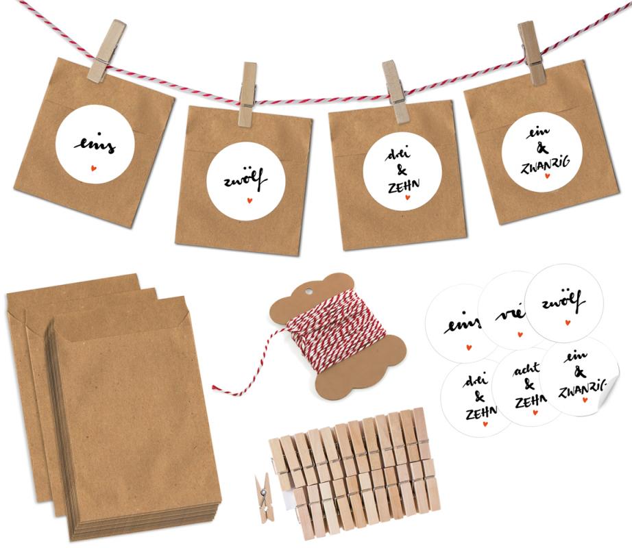 Adventskalender Set mit Adventstüten und Zahlenstickern weiß