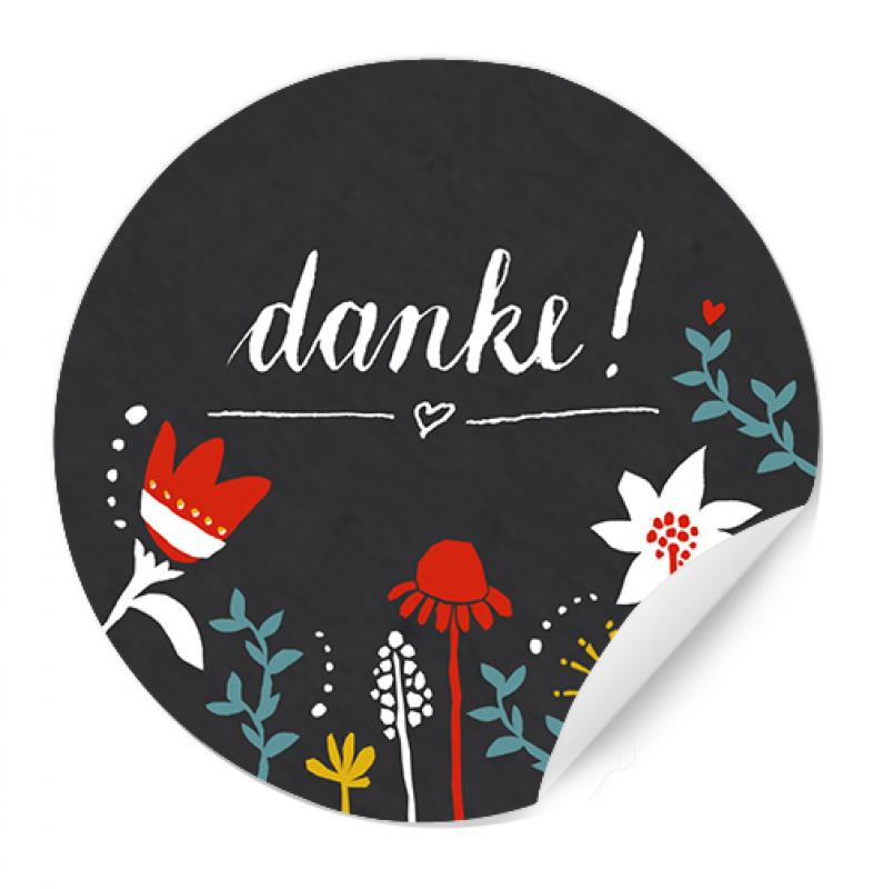 Danke Sticker im floralen Design für Hochzeit Gastgeschenke, Schwarz Weiß Bunt