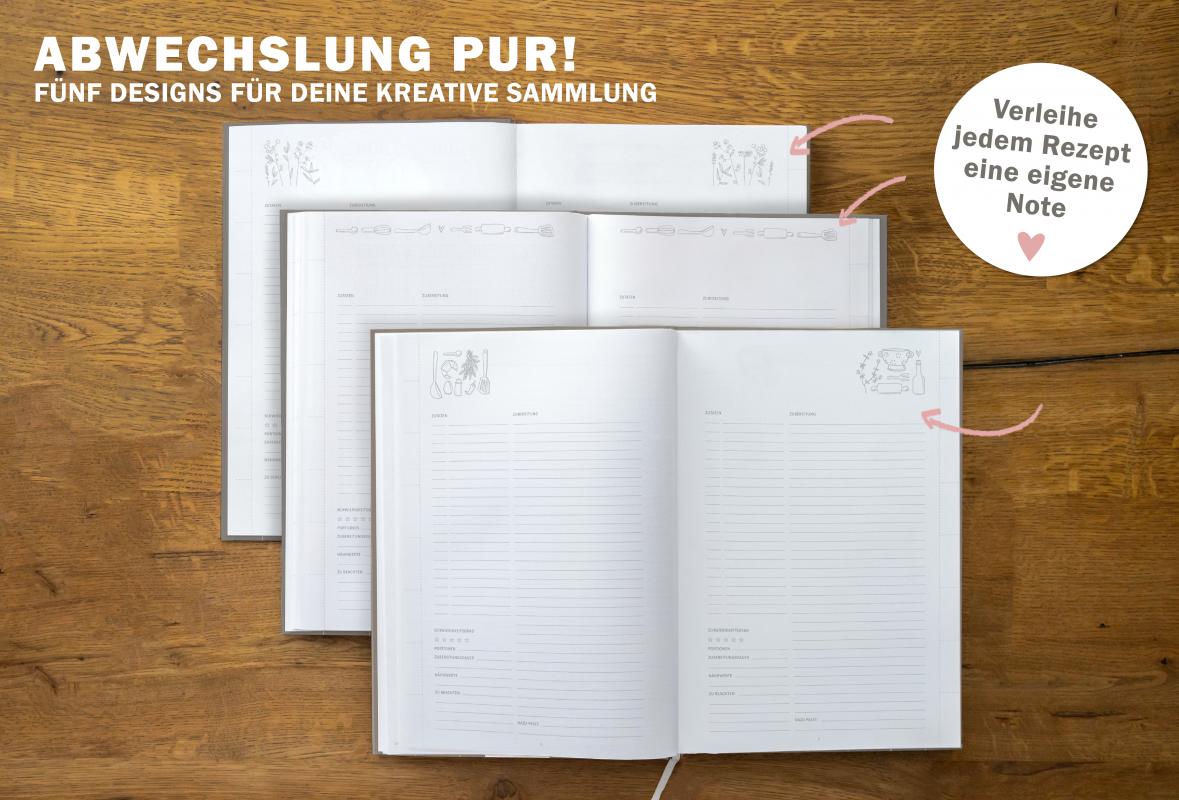 Rezeptbuch blanko zum Selberschreiben mir Register, A4 Hardcover, Blumen Design in Grau Beige Rosa