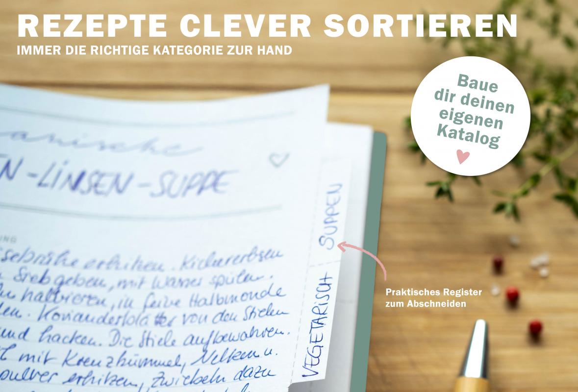 DIY Kochbuch für eigene Rezepte, Salbei-Grün mit Küchendeko in Weiß Rosa