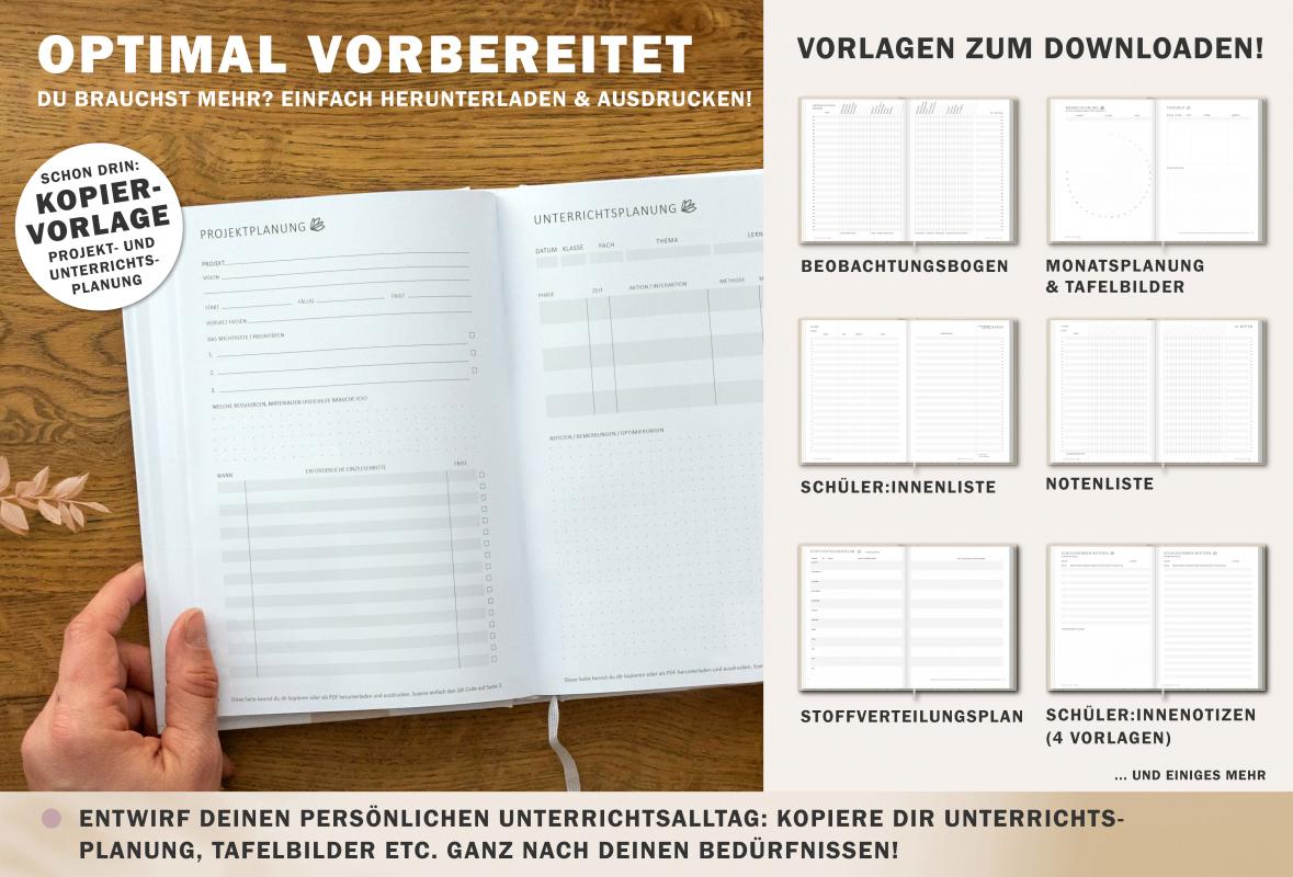 Jahresübersicht Lehrerplaner für Schuljahr 2025 2026, Terminkalender, eine Woche zwei Seiten, schwarz weiß beige
