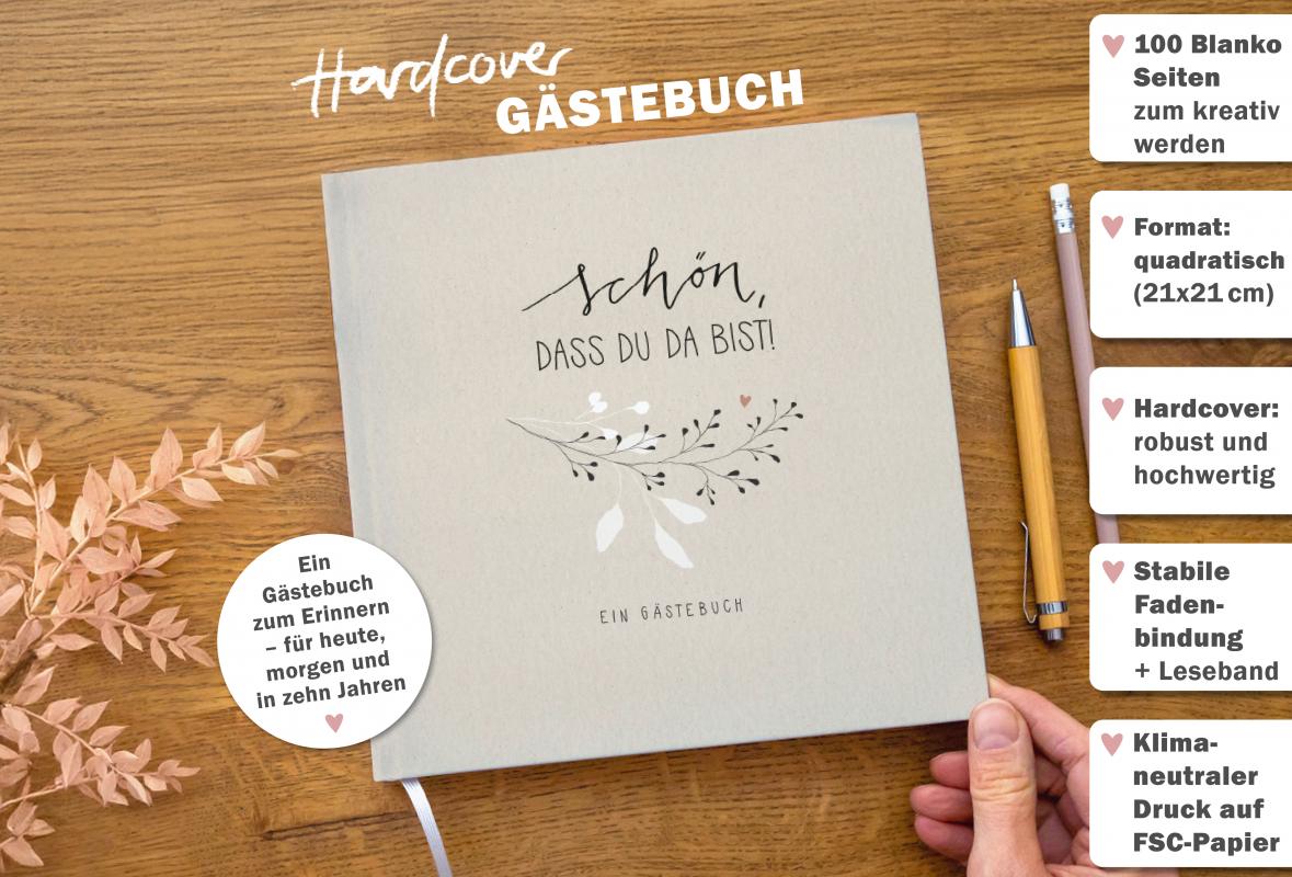 Hochzeitsgästebuch quadratisch, Creme mit Schriftzug im Handlettering Design, Hardcover Gästebuch