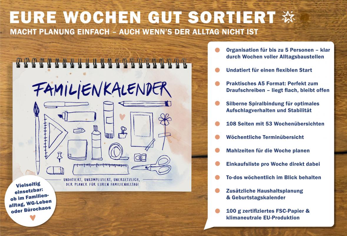Familienkalender und Familienplaner mit 5 Spalten, Weiß Blau Korall
