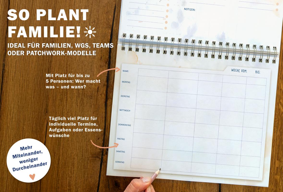 Familienkalender A5 quer | frei datierbarer Familienplaner ohne Jahr mit 5 Spalten | undatierter Tischkalender für Familien | FSC Papier