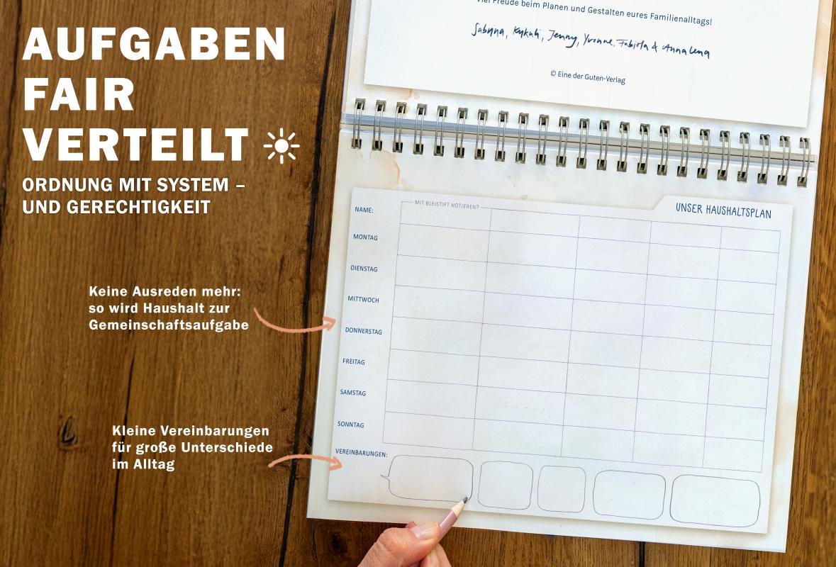 Familienkalender A5 quer | frei datierbarer Familienplaner ohne Jahr mit 5 Spalten | undatierter Tischkalender für Familien | FSC Papier