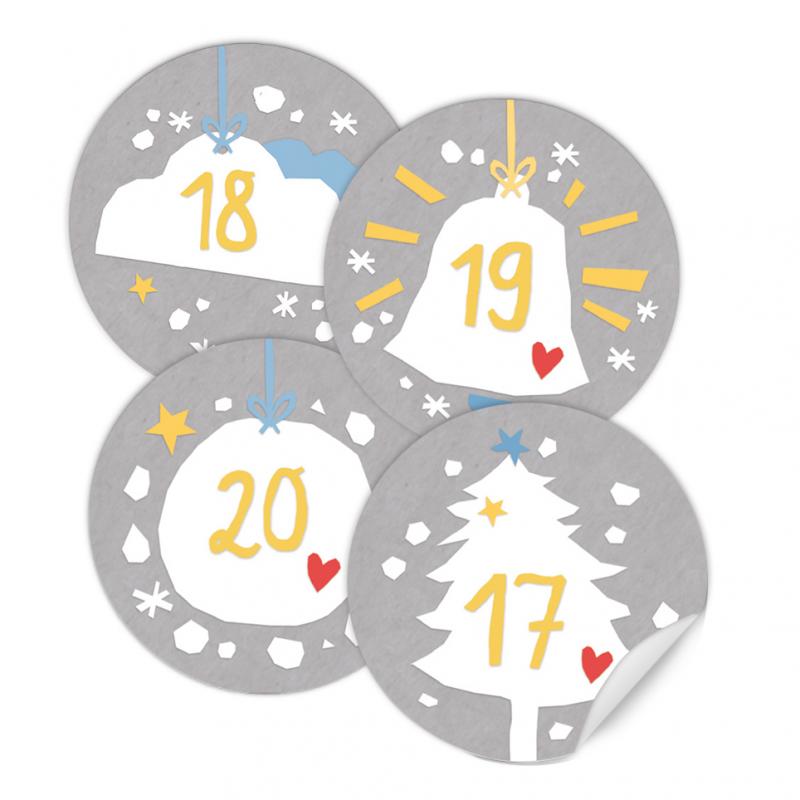 Schöne Adventskalenderzahlen Etiketten zum Adventskalender basteln in Grau Weiß Gelb