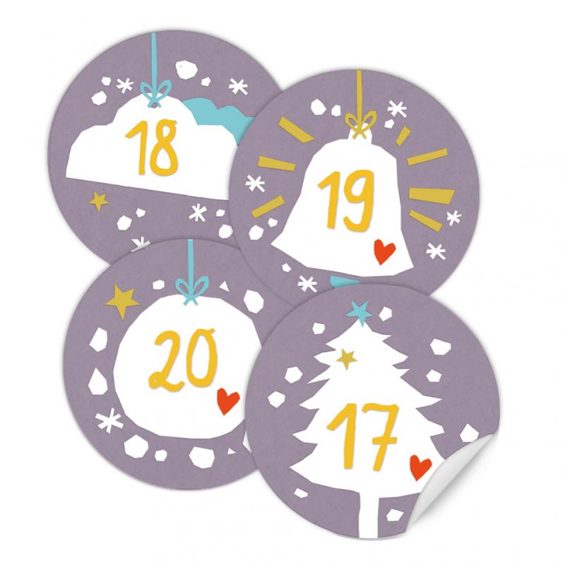 Schöne Adventskalenderzahlen Etiketten zum Adventskalender basteln in Lila Weiß Gelb