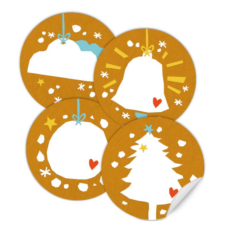 Weihnachtssticker Mix, 4 Weihnachtsdeko Motive im Vintage Collage Design, Gelb Weiß Türkis