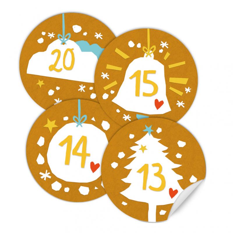 Schöne Adventskalenderzahlen Etiketten zum Adventskalender basteln in Gelb Weiß Türkis