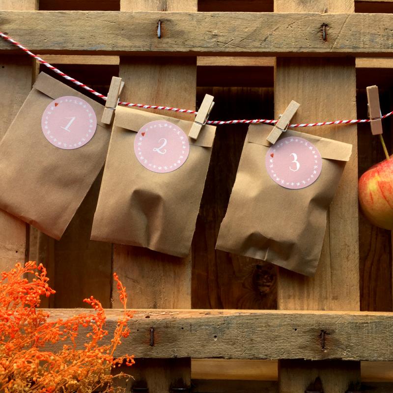Adventskalenderzahlen Sticker für Mädchen mit Sternchen zum Adventskalender basteln, Rosa Weiß