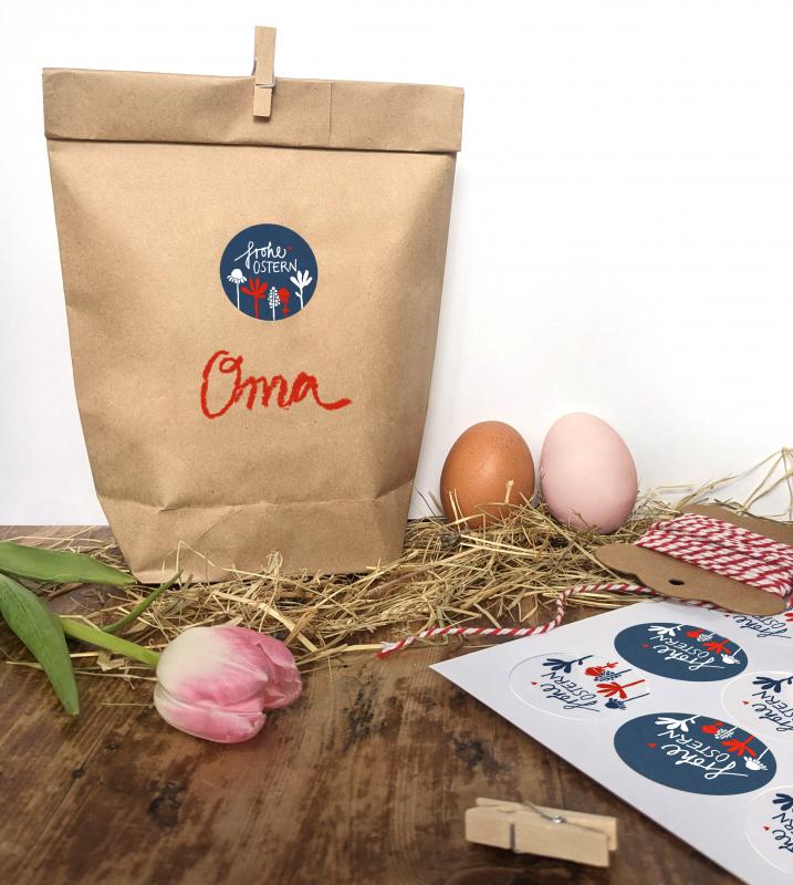 Kraftpapier Ostertüten Set mit gemischten Frohe Ostern! Sticker in Blau Weiß Rot