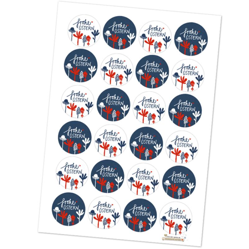 24 gemischte Blumen Ostersticker Frohe Ostern im Vintage Design, Blau Weiß Rot