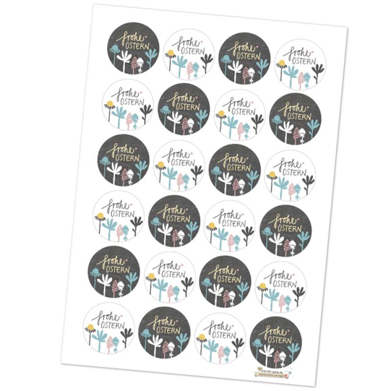 24 gemischte Blumen Ostersticker Frohe Ostern im Vintage Design, Grau Weiß
