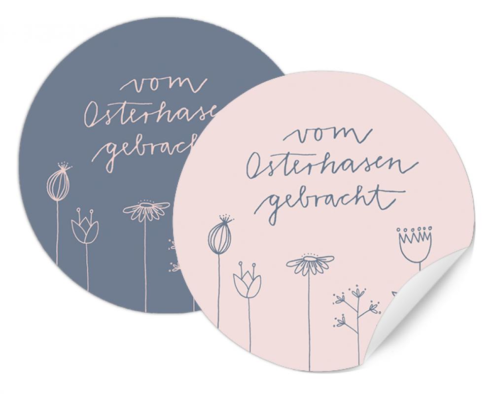 Lustige Osterhase Ostersticker für Kinder & Erwachsene, Blau Rosa mit Blumen