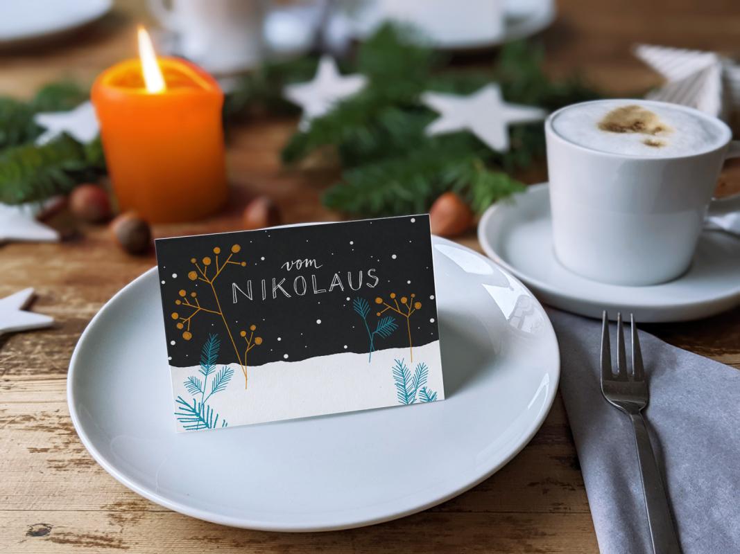 Weihnachtliche Tischkarten Nacht Schwarz Orange, mini Klappkarten zum beschriften deiner Festtafel an Nikolaus