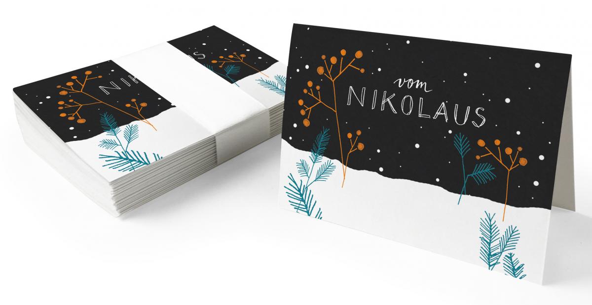 Geschenkanhänger vom Nikolaus, Schnee Weiß Schwarz Petrol, mini Klappkarten zum beschriften deiner Weihnachtsgeschenke