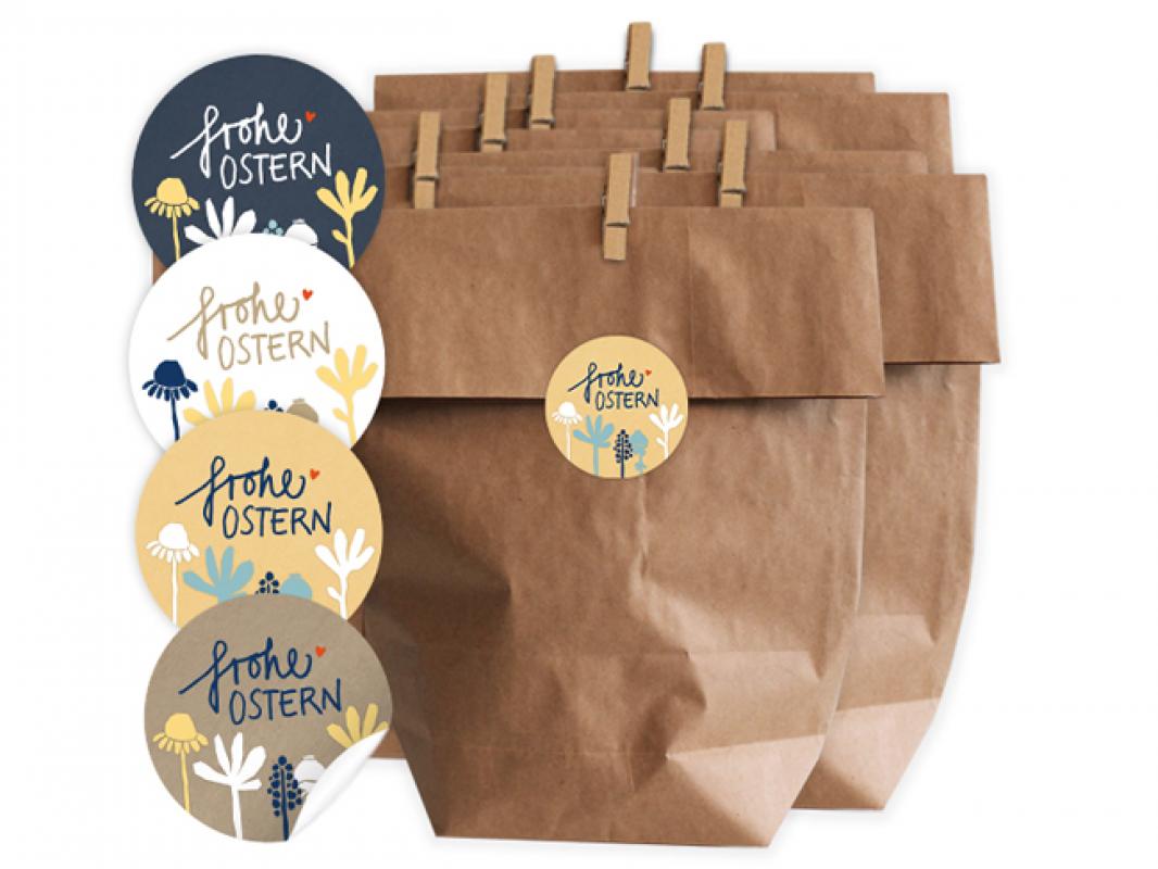 Kraftpapier Ostertüten Set mit gemischten Frohe Ostern! Sticker in Beige Blau Weiß Gelb