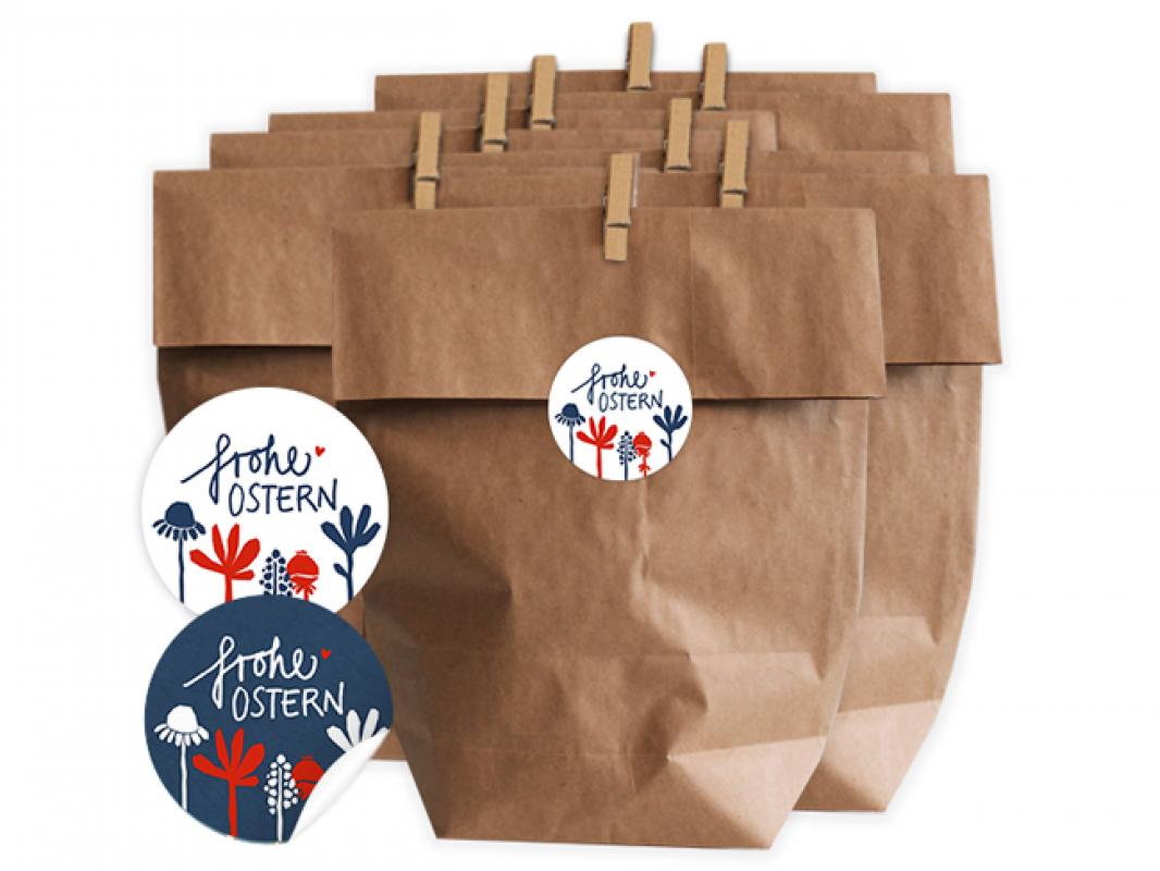 Kraftpapier Ostertüten Set mit gemischten Frohe Ostern! Sticker in Blau Weiß Rot