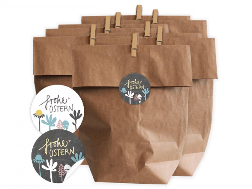 Kraftpapier Ostertüten Set mit gemischten Frohe Ostern! Sticker in Grau Weiß