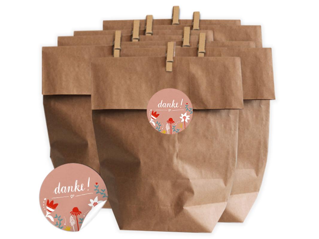 Geschenktüten Set für Hochzeit Gastgeschenke, Rosa mit Retro Blumen Design in Orange, Blau & Weiß