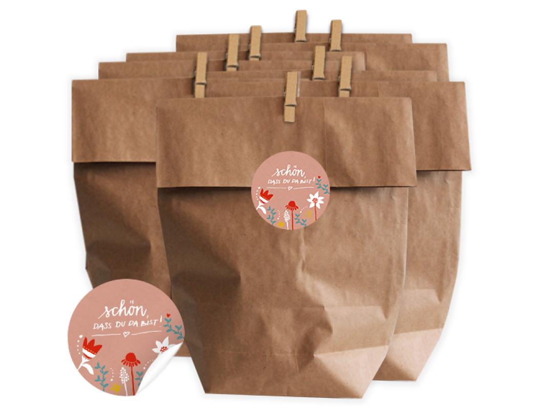 Geschenktüten Set für Hochzeit Gastgeschenke, ROSA mit retro Blumen Design