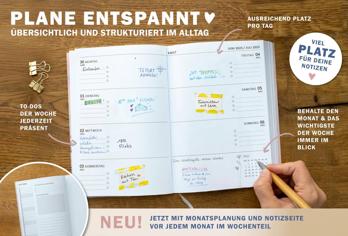 Detailansicht Wochenübersicht 18 Monate A5 Terminkalender 2025 2026, creme dunkelblau rosa