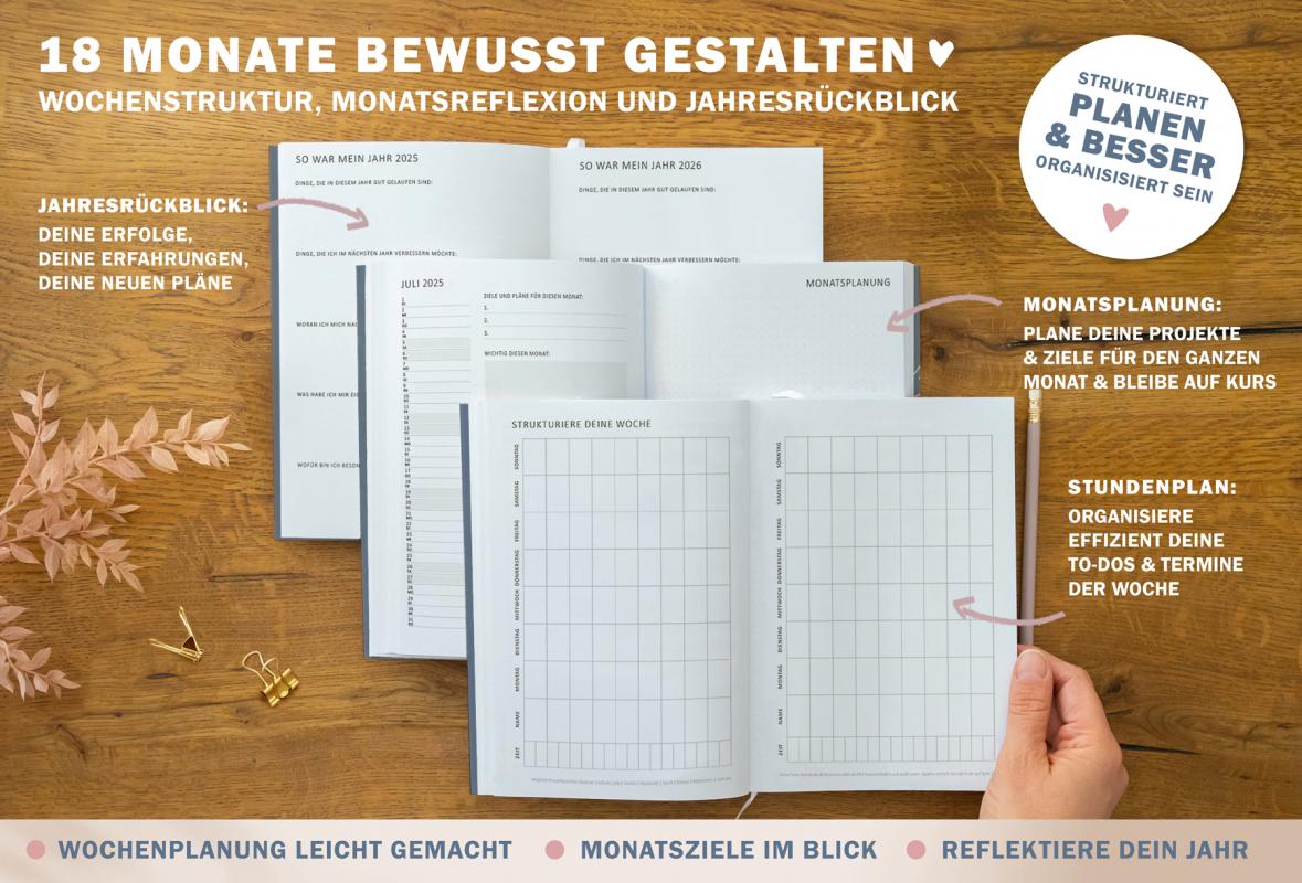 18 Monate Terminkalender A5 für 2025 2026 mit blanko Seiten gepunktet für Skizzen, Doodles, Bullet Journaling