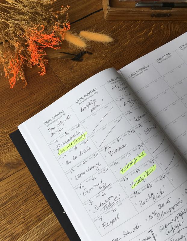 Detailansicht Wochenplanung Lehrerkalender 2023 2024 mit Jahresübersicht, Stundenpläne, Klassenliste, schwarz weiß rosa