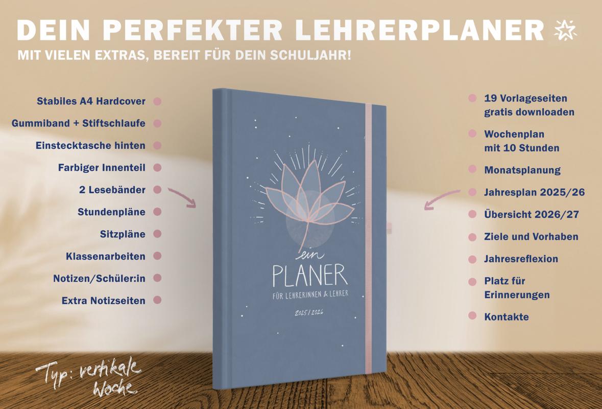 Lehrerkalender 2025 2026 Blau Rosa mit Planungshelfer für Unterrichtsvorbereitung und Schuljahr Planung