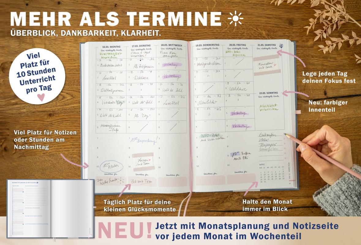 Detailansicht Wochenplanung Lehrerkalender 2025 2026 mit Jahresübersicht, Stundenpläne, Klassenliste, blau rosa