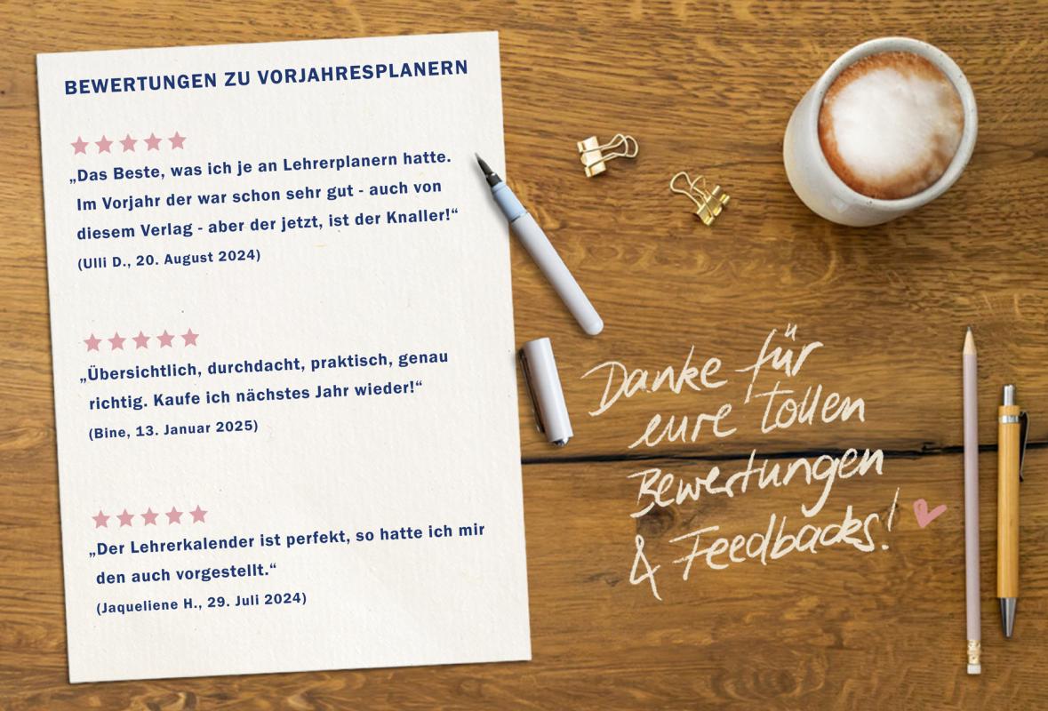 Lehrerkalender für Schuljahr 2025 2026, blau altrosa, mit Stundenplan, Klassenlisten, Kontaktlisten, Klassenarbeiten Planung, Vertretungsstunden, u.v.m.