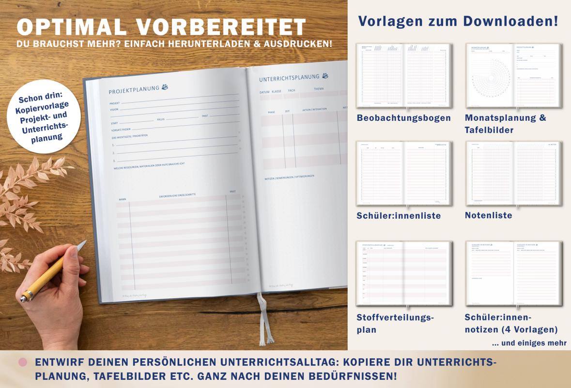Jahresübersicht Lehrerplaner für Schuljahr 2025 2026, Terminkalender, eine Woche zwei Seiten, dunkelblau altrosa