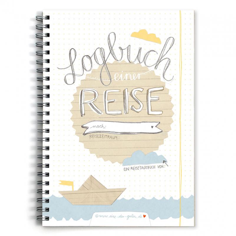 A5 Reisetagebuch zum selbst gestalten, Vintage Design in Weiß Beige Blau