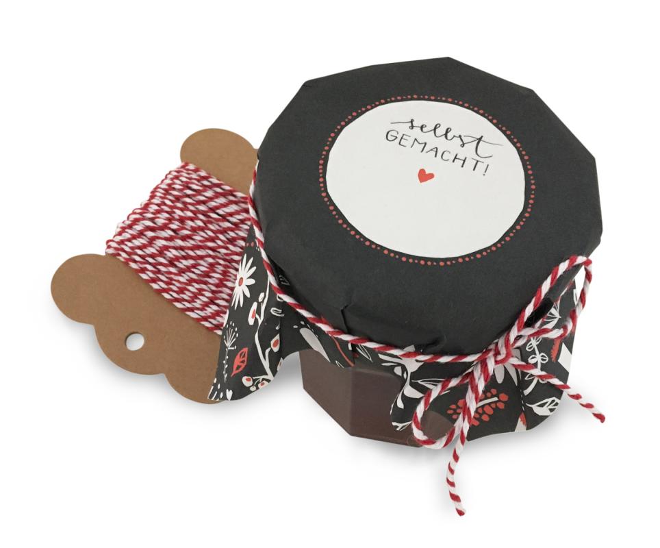 Marmeladendeckchen für Hochzeit Gastgeschenke - Schwarz Weiß Rot im boho Blumen Design