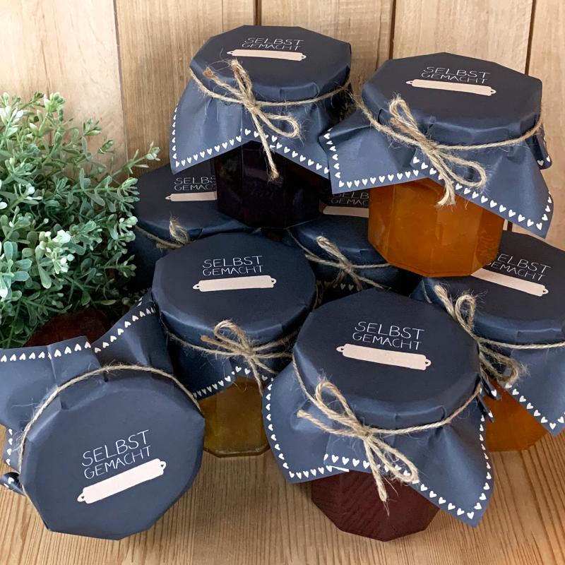 Marmeladendeckchen für Dankeschön Gastgeschenke im Schultafel Design, Schwarz Beige Weiß