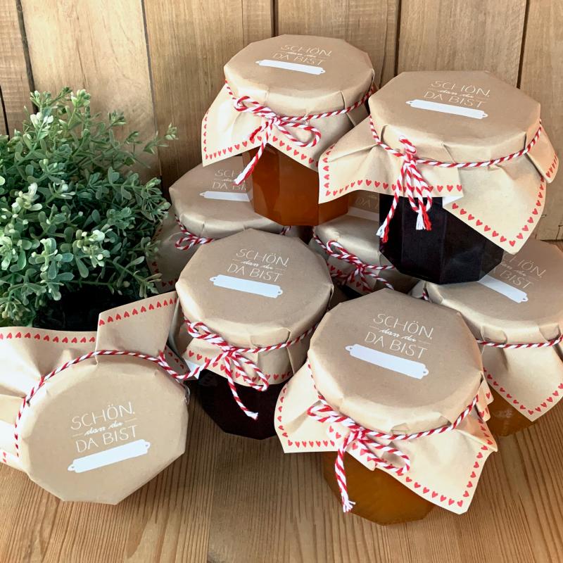 Marmeladendeckchen für Dankeschön Gastgeschenke im Schultafel Design, Beige Weiß Rot