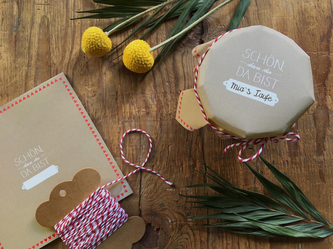 Marmeladendeckchen für Dankeschön Gastgeschenke im Schultafel Design, Beige Weiß Rot