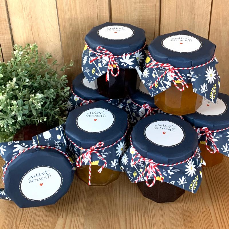 Marmeladendeckchen für Dankeschön Gastgeschenke im floralen folklore Design, Blau Weiß Gelb