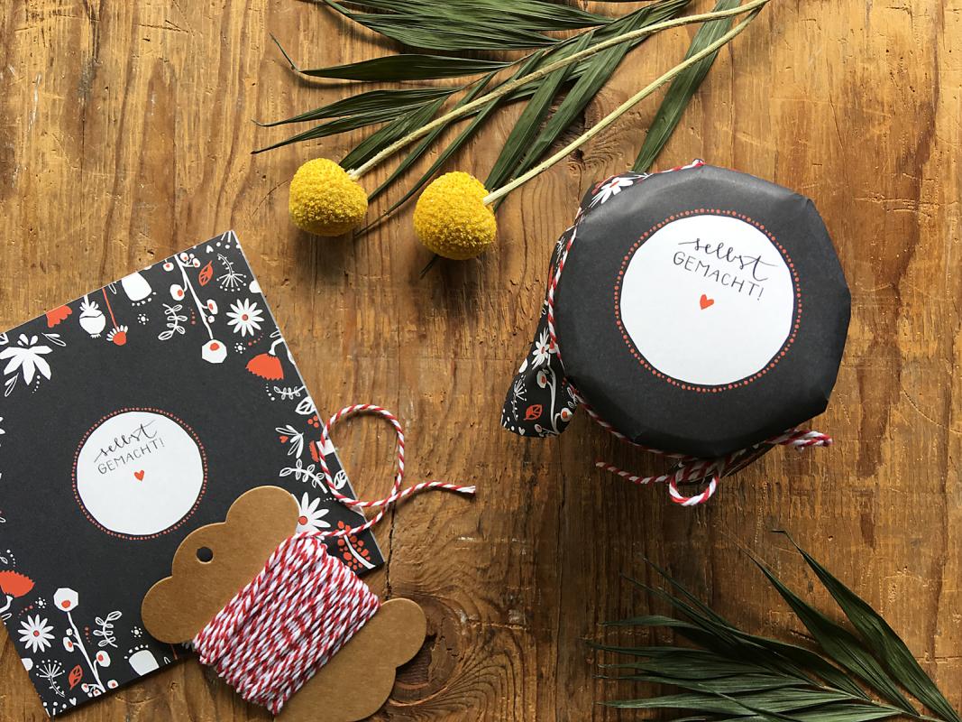 Marmeladendeckchen für Dankeschön Gastgeschenke im floralen folklore Design, Schwarz Weiß Rot