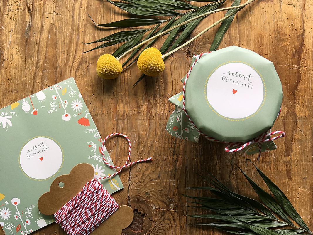 Marmeladendeckchen für Dankeschön Gastgeschenke im floralen folklore Design, Grün Weiß Gelb