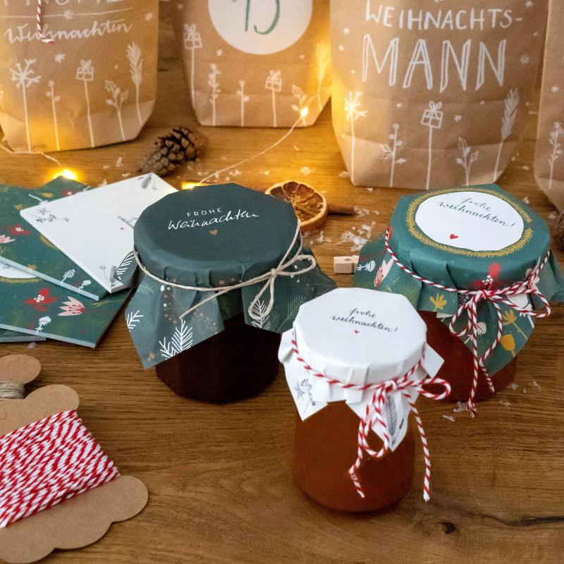 Marmeladendeckchen um selbstgemachte Marmelade an Weihnachten schön zu verpacken und verschenken