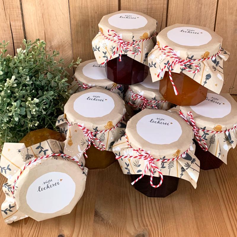 Fröhliches Marmeladendeckchen Set mit Bastelschnur, Creme mit Blumen