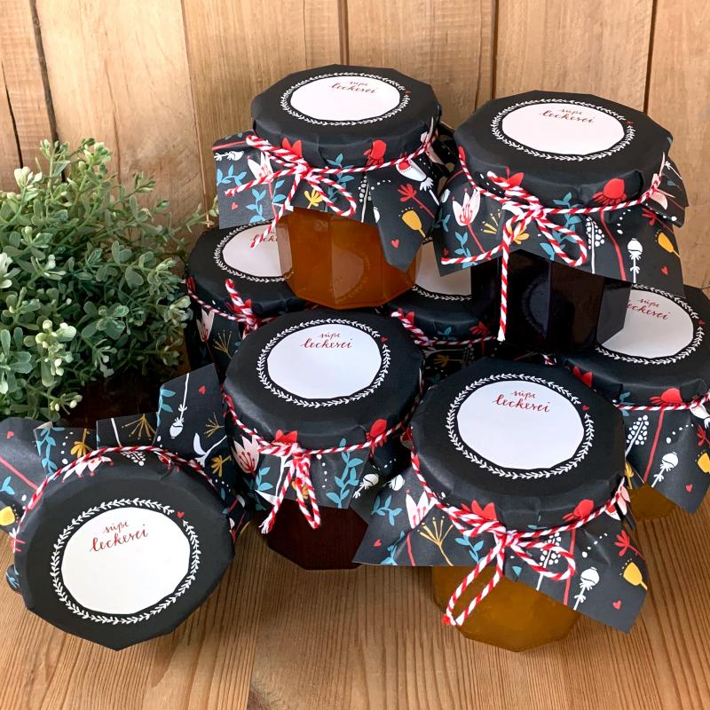 Fröhliches Marmeladendeckchen Set mit Bastelschnur, Schwarz mit Blumen