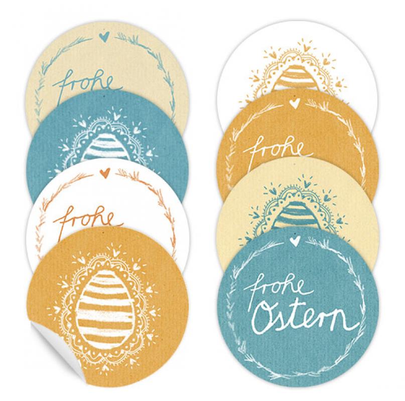 Kraftpapier Ostertüten Set mit Frohe Ostern! & Osterdeko Sticker in Orange, Gelb, Petrol, Weiß