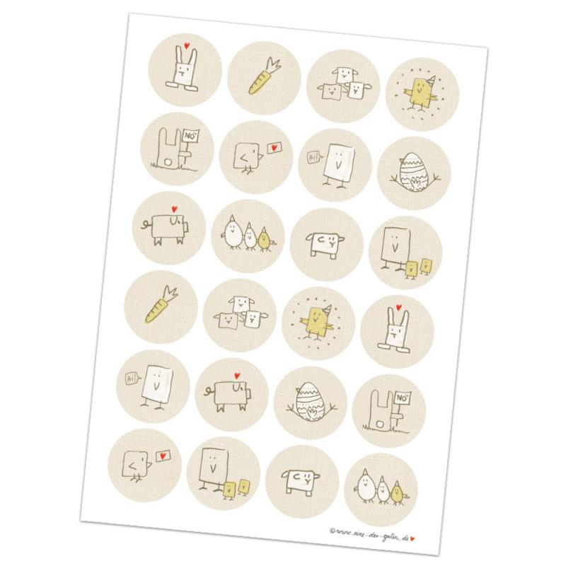 24 gemischte Ostersticker mit Tiermotiven für Ostern im retro DIY Design, Creme Gelb