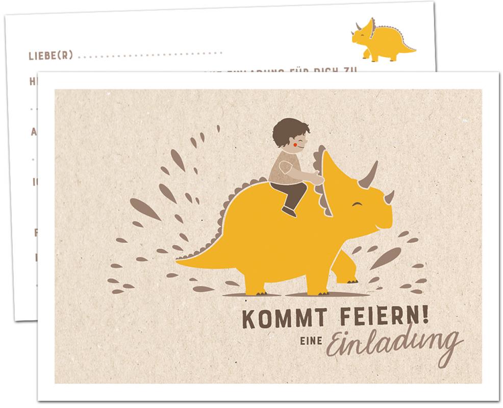 Einladungskarten Jungen für Dino Kindergeburtstag mit Vordruck, Beige Gelb