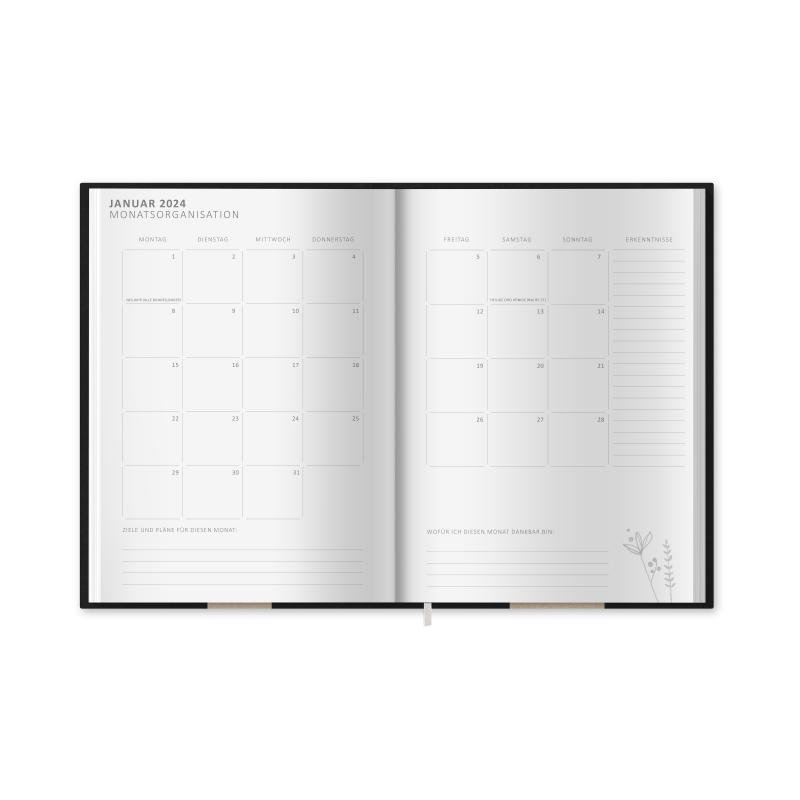 A5 Terminkalender 2024 mit blanko Seiten gepunktet für Skizzen, Doodles, Bullet Journaling