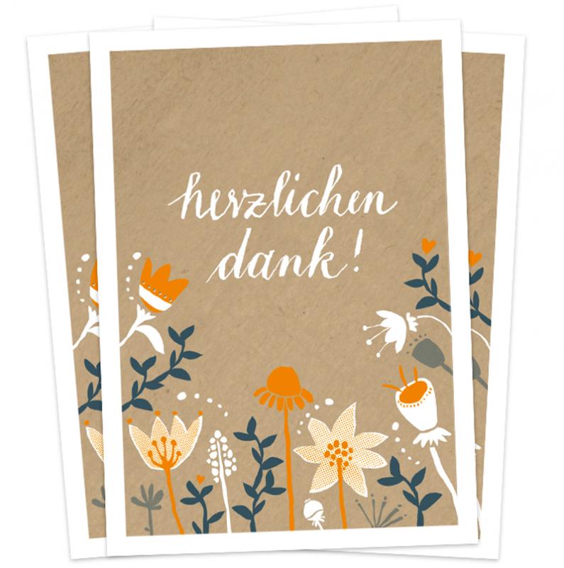 Herzlichen dank! Dankeskarten mit Blumen, Beige Weiß Bunt, Design Postkarten