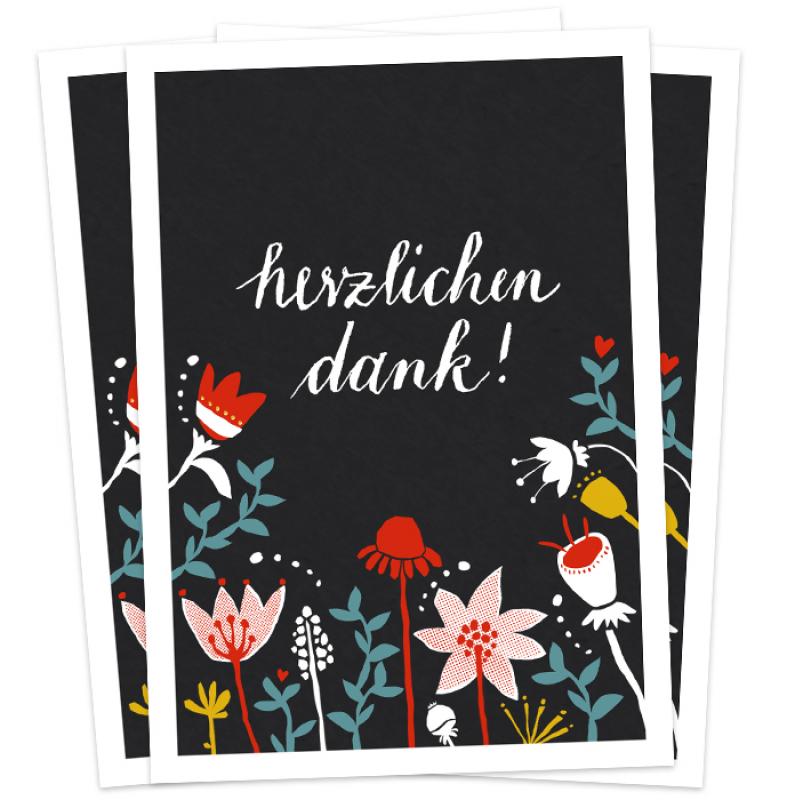 Herzlichen dank! Dankeskarten mit Blumen, Schwarz Weiß Bunt, Design Postkarten